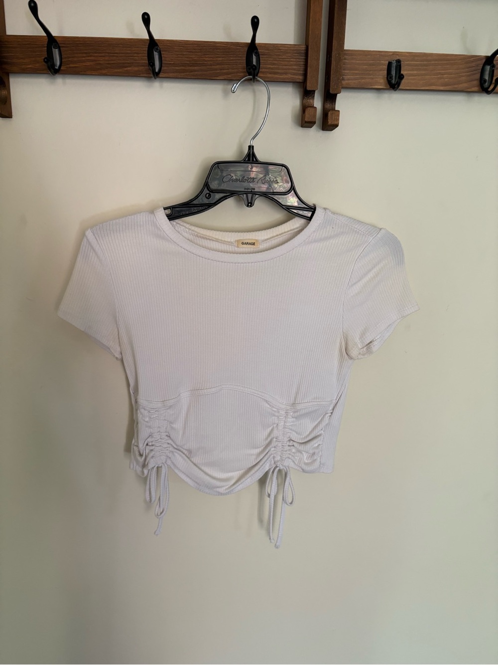 Garage White Ribbed Drawstring Crop Tee